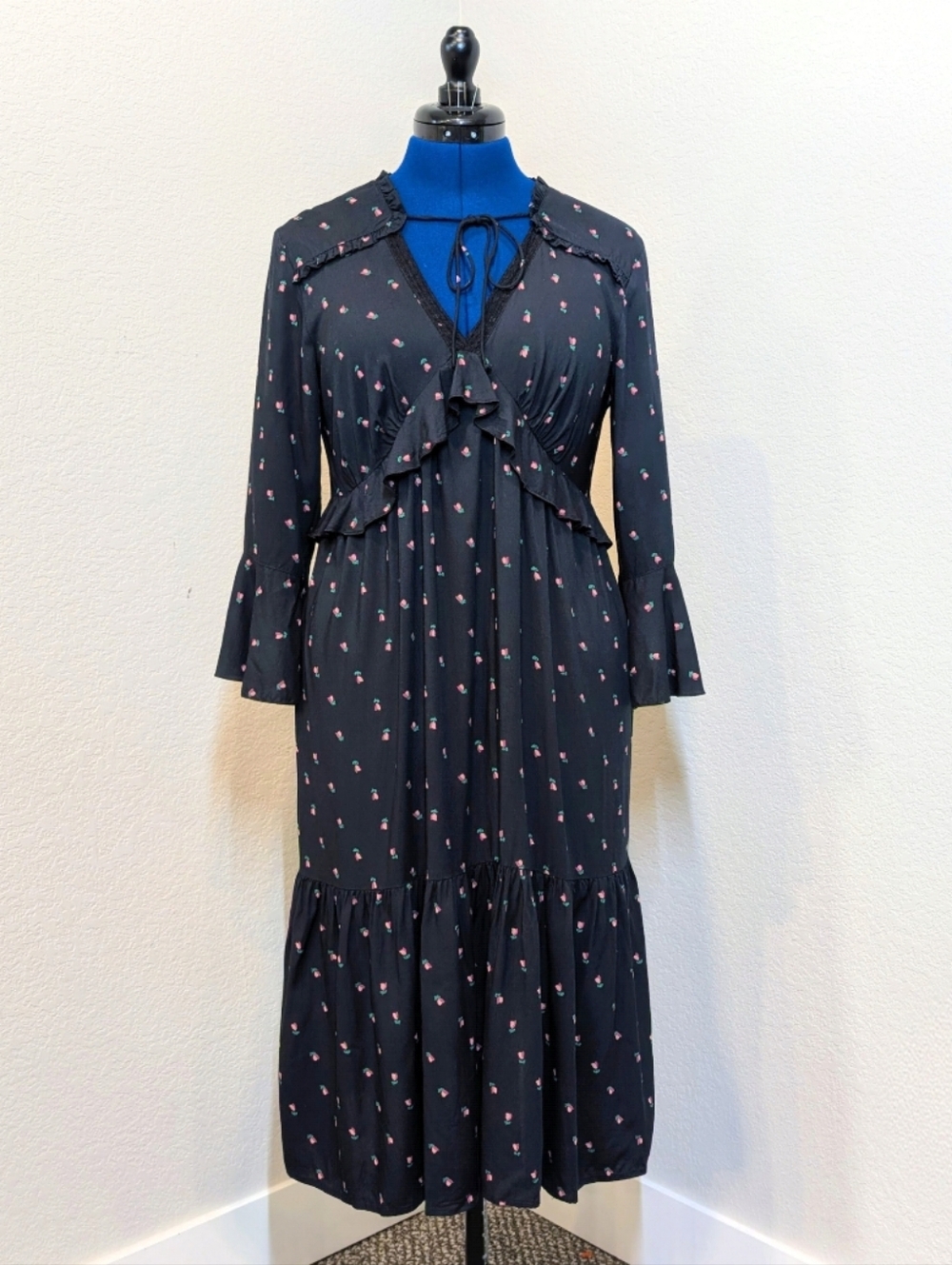 Loft Navy Floral Ruffle Midi Prairie Dress Size S